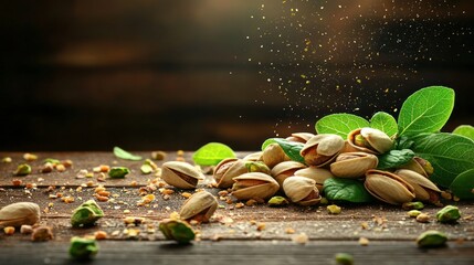 Wall Mural - Pistachios falling, wooden table, green leaves, rustic background, food photography