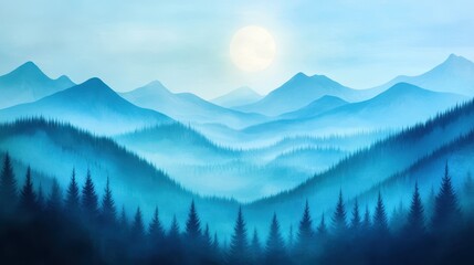 blue mountain serenity: a serene landscape of rolling blue mountains shrouded in mist with a soft gl