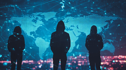 Hacker are planning to hack and attack networks and cyber security systems.team people innovation connection of line from nail node to node on map background , networking concept