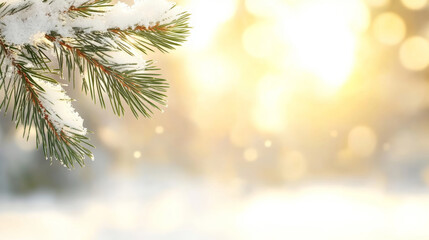 Wall Mural - close-up of snow-covered pine branch in focus, blurred background featuring a snowy forest and soft 