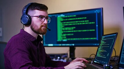 Wall Mural - tech programmer at work with laptop and monitor displaying code