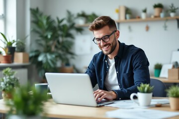 Young businessman using laptop in creative office