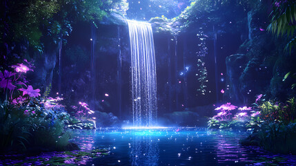 Sticker - A mystical waterfall cascading into a shimmering lagoon, surrounded by luminescent plants and inhabited by ethereal spirits, creating a serene atmosphere, generative ai. Ethereal Lagoon. Illustration