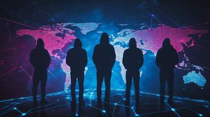 Hacker are planning to hack and attack networks and cyber security systems.team people innovation connection of line from nail node to node on map background , networking concept