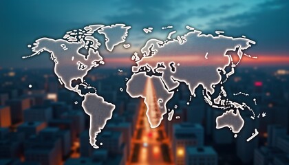 Leinwandbilder - Global financial market trading illustrated on world map displayed over blurred city backdrop at night. International business, investment concept with tech, digital feel. Worldwide economic