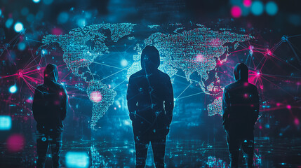 Hacker are planning to hack and attack networks and cyber security systems.team people innovation connection of line from nail node to node on map background , networking concept