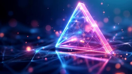 Wall Mural - Glowing neon triangle with light particles on dark background. Abstract geometric 3D animation with pink and blue lights. Modern digital design concept for technology and cyberspace with copy space