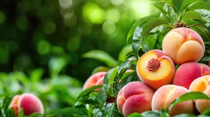 Ripe peaches on tree branch, orchard background, summer harvest, food photography