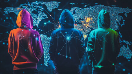 Hacker are planning to hack and attack networks and cyber security systems.team people innovation connection of line from nail node to node on map background , networking concept