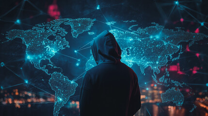 Hacker are planning to hack and attack networks and cyber security systems.team people innovation connection of line from nail node to node on map background , networking concept