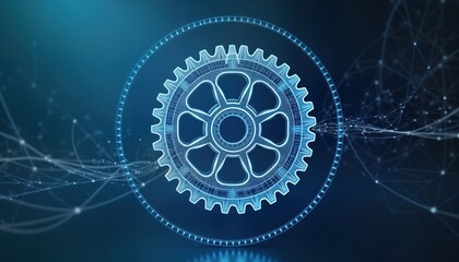 Fototapete - Digital gear model against dark blue background. Tech design. Wireframe gear surrounded by blue wireframe circle. Abstract illustration of mechanical cog. Futuristic tech concept. Network connection.