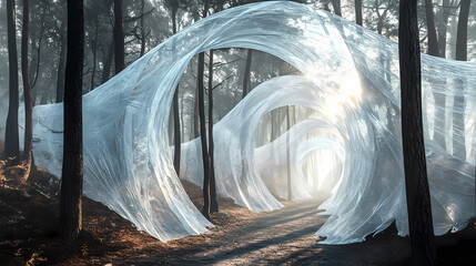 Wall Mural - Ethereal forest with upcycled plastic archway. generative ai image. Mystic Arch. Illustration