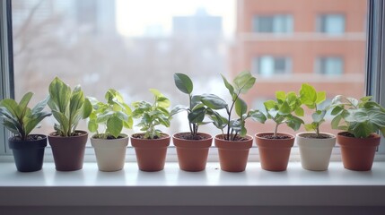 Aufkleber - Eight potted plants sit on a windowsill, overlooking a city.