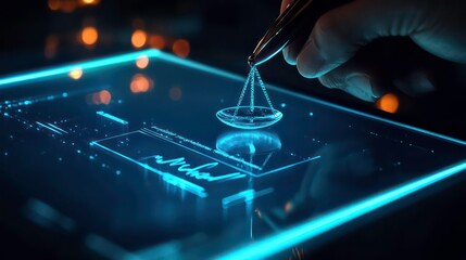Poster - Hand signing digital contract with futuristic stylus on glowing tablet.