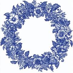 Wall Mural - A beautiful clipart frame with floral motifs in the toile de jouy line art style. This hand-drawn flower composition forms a vintage retro floral wreath.