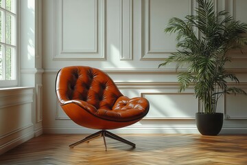 Wall Mural - midcentury leather armchair in minimalist room dramatic window light casting geometric shadows acros