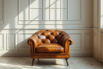 Wall Mural - midcentury leather armchair in minimalist room dramatic window light casting geometric shadows acros