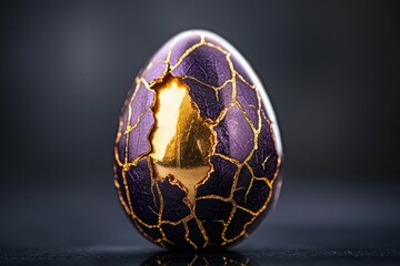 Wall Mural - Purple egg with gold trim and cracks on the shell