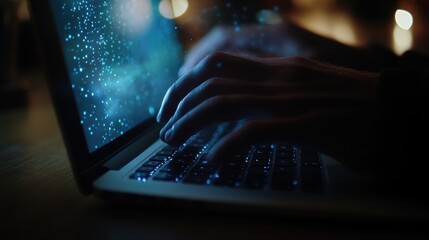 Wall Mural - Close up of male hands typing on laptop keyboard in dark environment, illuminated screen displaying complex digital code suggesting advanced programming or data analysis