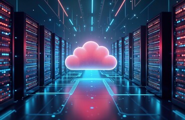 Fototapete - Futuristic tech server room shows cloud computing. Rows of server racks line hallway. Neon lights highlight infrastructure. Cloud icon floats in center. Advanced digital communication, global