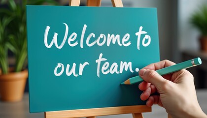 blue board with white chalk inscription welcome to team. new employee onboarding concept. company cu