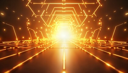 Aufkleber - Futuristic tunnel design with golden light effects, geometric shapes. Abstract illustration features glowing lines, geometric patterns. Golden light rays emanate from center of tunnel. Elegant,