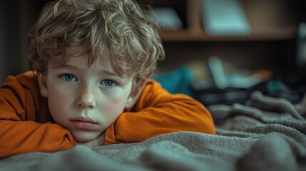 Sad boy with curly hair resting his chin on hands in cozy room with soft lighting and blurred background elements