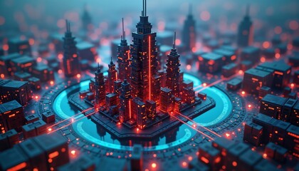 Fototapete - Futuristic city built on tech surface. Skyscrapers illuminate. Network of data streams. Advanced AI systems protect. Intricate digital design. Automated operations. Modern tech concept. Urban smart