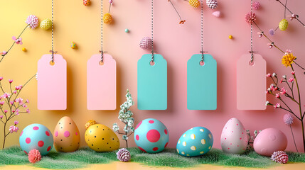 Poster - Colorful Easter decorations featuring pastel eggs and blank gift tags on a pink and yellow backdrop