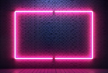 Aufkleber - Neon pink purple frame on dark brick wall. Empty space for advertisement text display. Glowing light in room. Interior design background. Suitable for product display advertising. Modern design,