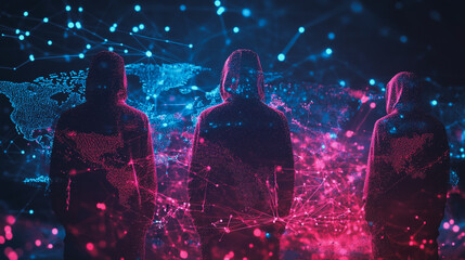 Hacker are planning to hack and attack networks and cyber security systems.team people innovation connection of line from nail node to node on map background , networking concept
