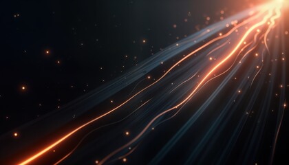 Poster - Abstract graphic design. Glowing lines, radial pattern in dark background. Modern geometric visuals. Smooth gradient effect. Vivid orange light trails. Subtle small particles. Stylish minimalist