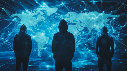 Hacker are planning to hack and attack networks and cyber security systems.team people innovation connection of line from nail node to node on map background , networking concept