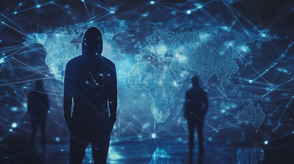 Hacker are planning to hack and attack networks and cyber security systems.team people innovation connection of line from nail node to node on map background , networking concept