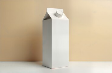 Blank white milk carton box mockup stands on light beige background. Simple minimalist design. Empty product package for branding. Suitable for dairy beverage advertising. Modern presentation. Focus