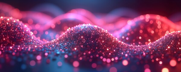 Poster - Abstract digital particle wave with vibrant colors. Bokeh, light effects create dynamic texture. Soft curves, smooth flow of colors create glowing energy. Illustration suitable for tech design,