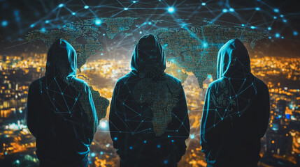 Hacker are planning to hack and attack networks and cyber security systems.team people innovation connection of line from nail node to node on map background , networking concept