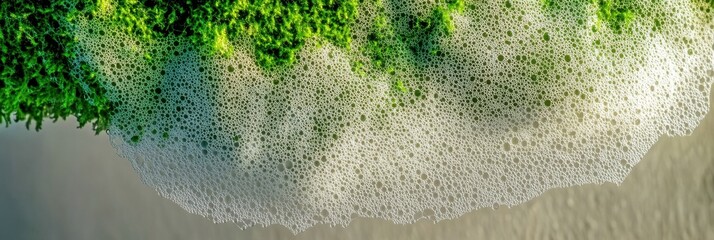 Close-up of vibrant green moss growing on a textured white surface