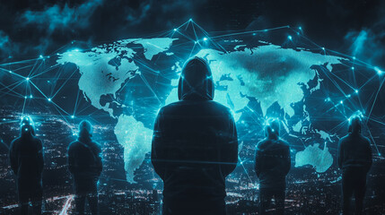 Hacker are planning to hack and attack networks and cyber security systems.team people innovation connection of line from nail node to node on map background , networking concept