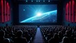© miss irine - Large cinema auditorium. Rows of seats full with audience. Big screen shows image of space with planet. People waiting for movie start. Event in movie theater. Huge screen, crowd of people. Cinema
