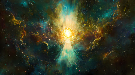 Wall Mural - Stunning cosmic explosion. bright light emanating from center, surrounded by vibrant nebula and stars. perfect for science fiction, fantasy, or spirituality. Stellar Ridge. Illustration