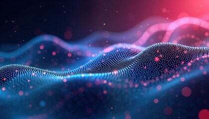 Fototapete - Abstract tech design with blue, pink dots, lines. Dynamic pattern creates futuristic, elegant mood. Modern illustration for design template wallpaper. Suitable for tech companies creative industries.