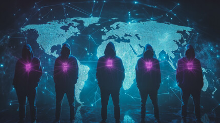 Hacker are planning to hack and attack networks and cyber security systems.team people innovation connection of line from nail node to node on map background , networking concept