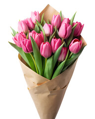 Wall Mural - elegant bouquet of pink  tulips wrapped in craft paper,  soft focus isolated on the transparent background