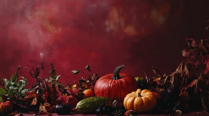 Aufkleber - Autumn harvest still life with pumpkins, gourds, and fall leaves against a dark red background.