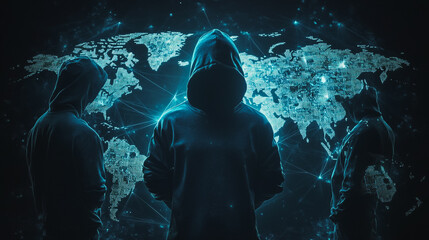 Hacker are planning to hack and attack networks and cyber security systems.team people innovation connection of line from nail node to node on map background , networking concept