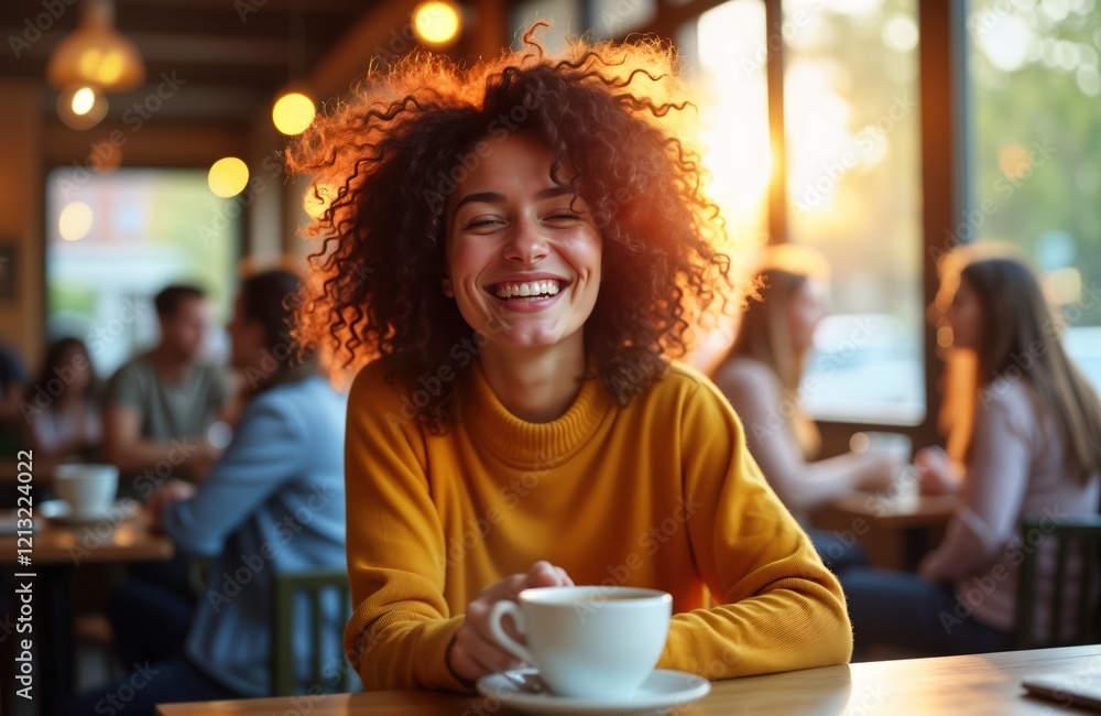 Young woman smiles happily while sitting in cafe with friends. Sunlight ...
