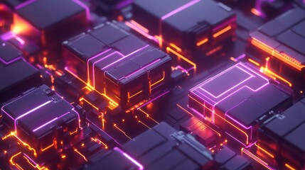 Fototapete - Abstract 3D rendering of glowing neon purple and orange lines connecting dark metallic cubes.