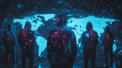 Hacker are planning to hack and attack networks and cyber security systems.team people innovation connection of line from nail node to node on map background , networking concept
