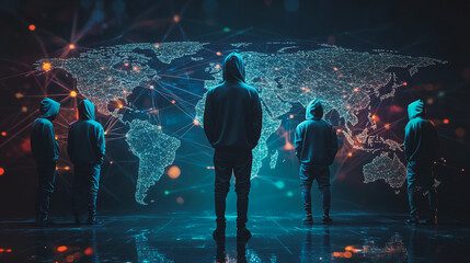Hacker are planning to hack and attack networks and cyber security systems.team people innovation connection of line from nail node to node on map background , networking concept